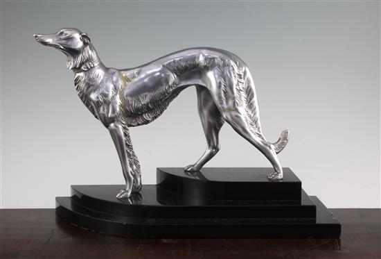 A French Art Deco silvered metal model of a Borzoi, 16in.